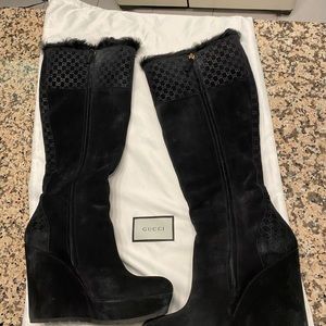 Gucci Courtney Shearling Suede Wedge Boots w/ Fur